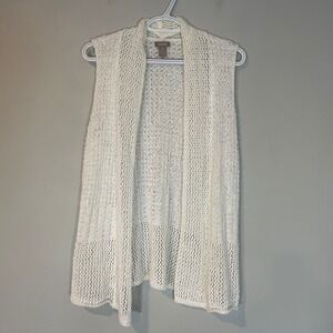 Chicos White Crochet Knit Open Front Vest Sleeveless Cardigan Size 1 M Beachy